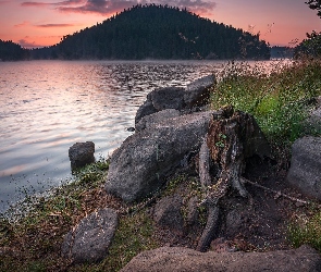 Rośliny, Pień, Góra, Wschód słońca, Jezioro, Kamienie