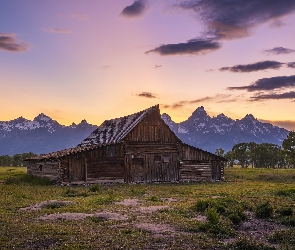 Stodoła, Stan Wyoming, Drzewa, Stany Zjednoczone, Park Narodowy Grand Teton, Teton Range, Drewniana, Chata, Góry