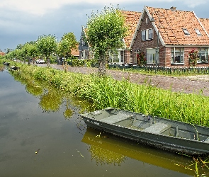 Rzeka, Domy, Droga, Łódki, Kanał