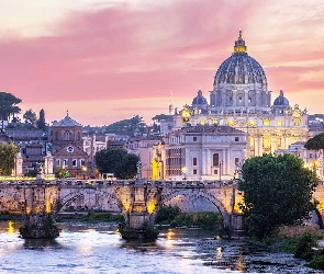 Światła, Bazylika Świętego Piotra, Rzym, Zachód słońca, Most Ponte Umberto I, Włochy, Rzeka Tyber