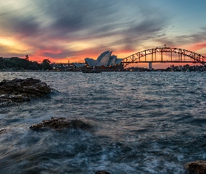 Australia, Sydney, Sydney Opera House, Zatoka Port Jackson, Most Sydney Harbour, Zachód słońca