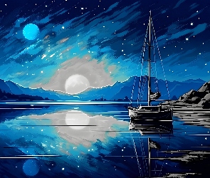 Grafika, Księżyc, Jezioro, Żaglówka, Noc, Gwiazdy
