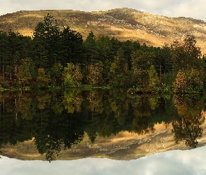Jezioro, Odbicie, Góry, Drzewa, Glencoe Lochan, Loch Leven, Szkocja, Lasy