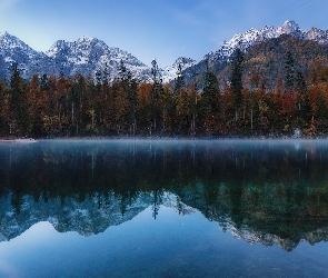 Mgła, Drzewa, Góry, Odbicie, Pożółkłe, Ośnieżone, Jezioro