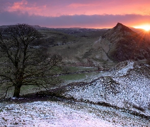 Wschód słońca, Parkhouse Hill, Drzewo, Anglia, Wzgórze, Park Narodowy Peak District, Ośnieżone