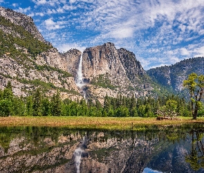 Kalifornia, Skały, Stany Zjednoczone, Góry, Wodospad, Park Narodowy Yosemite, Drzewa, Rzeka