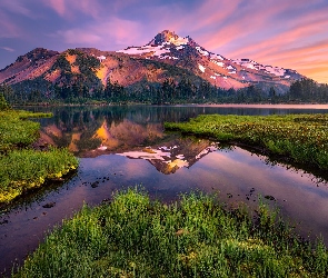 Stratowulkan, Drzewa, Góra, Jezioro, Oregon, Mount Jefferson, Stany Zjednoczone, Zachód słońca