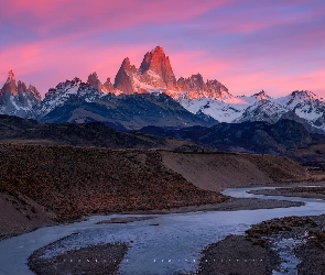 Argentyna, Rzeka, Fitz Roy, Park Narodowy Los Glaciares, Wschód słońca, Szczyt, Patagonia, Góry, Andy