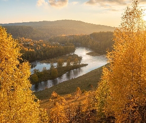 Wschód słońca, Jesień, Rzeka, Góry, Las, Drzewa