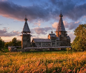 Łąka, Chmury, Niebo, Drzewa, Cerkiew