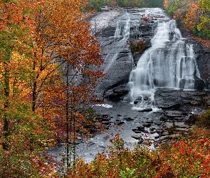 Skały, Kolorowe, Jesień, High Falls, Karolina Północna, Wodospad, Stany Zjednoczone, Drzewa