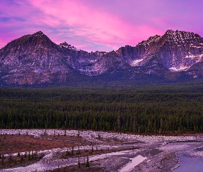 Canadian Rockies, Niebo, Góry, Różowe, Rzeka, Las, Kanada, Park Narodowy Jasper
