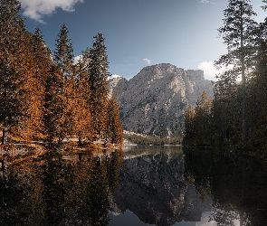 Dolomity, Góry, Południowy Tyrol, Odbicie, Lago di Braies, Włochy, Jezioro