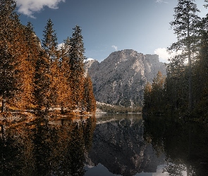 Dolomity, Góry, Południowy Tyrol, Odbicie, Lago di Braies, Włochy, Jezioro