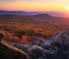 Wirginia, Park Narodowy Shenandoah, Stany Zjednoczone, Stony Man Mountain, Skały, Góry, Jesień, Zachód słońca