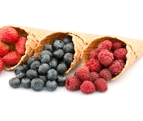 Truskawki, Wafle, Owoce, Borówka, Białe, Maliny, Tło, Rożki