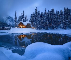 Kolumbia Brytyjska, Mgła, Drzewa, Kanada, Park Narodowy Yoho, Emerald Lake, Most, Jezioro, Góry, Las, Dom, Zima