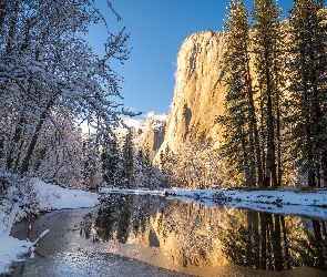 Kalifornia, Park Narodowy Yosemite, Drzewa, Stany Zjednoczone, Merced, Zima, Rzeka