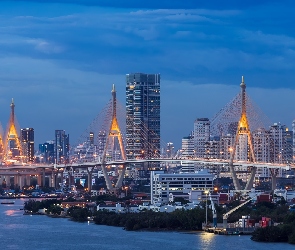 Tajlandia, Statki, Menam, Zmierzch, Wieżowce, Rzeka, Bangkok, Oświetlony, Most