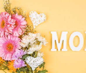 Mom, Napis, Kolorowe, Dzień Matki, Serduszka, Kwiaty, Gerbery