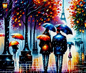 Grafika, Paryż, Parasol, Ludzie, Deszcz, Ulica