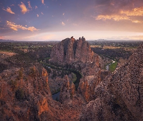 Stan Oregon, Skały, Stany Zjednoczone, Góry, Crooked River, Park stanowy Smith Rock, Zachód słońca, Rzeka