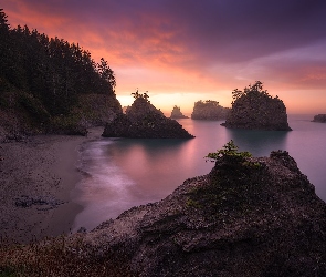 Morze, Wybrzeże Park stanowy, Wschód słońca, Drzewa, Oregon, Skały, Stany Zjednoczone, Samuel H Boardman State Scenic Corridor