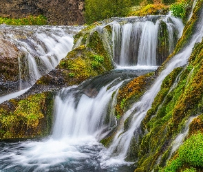 Gjarfoss, Kamienie, Wodospad, Omszałe, Stangarvegur, Kaskada, Islandia, Skała