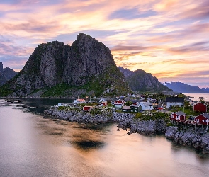 Skały, Wioska Hamnoy, Lofoty, Norwegia, Domy, Morze Norweskie, Góry