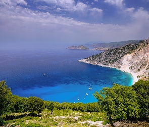 Żaglówki, Roślinność, Morze, Drzewa, Korfu, Wybrzeże, Grecja, Chmury
