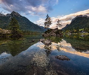 Jezioro Hintersee, Chmury, Góry Alpy, Drzewa, Bawaria, Skały, Niemcy, Gmina Berchtesgaden