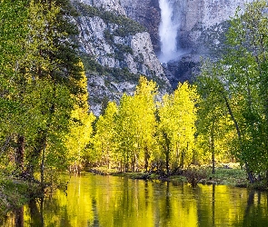 Stany Zjednoczone, Yosemite Valley, Park Narodowy Yosemite, Kalifornia, Yosemite Falls, Wodospad, Rzeka, Merced River, Góry, Drzewa