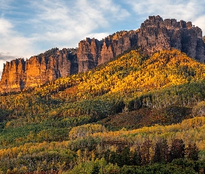 Góry, Kolorado, Jesień, Stany Zjednoczone, Chmury, Drzewa, San Juan Mountains, Grzbiet Cimarron Range, Las