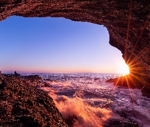 Kalifornia, Laguna Beach, Jaskinia, Stany Zjednoczone, Promienie słońca, Skały, Morze