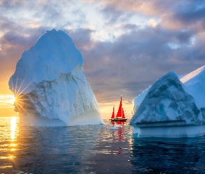 Dania, Grenlandia, Żaglówka, Góry lodowe, Wschód słońca, Chmury