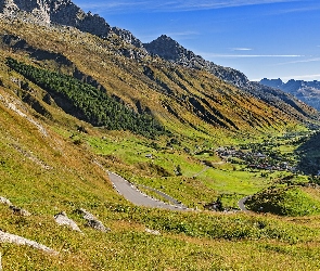 Góry, Toggenburg, Domy, Szwajcaria, Dolina, Drzewa, Alpy Berneńskie, Przełęcz Furkapass, Łąka