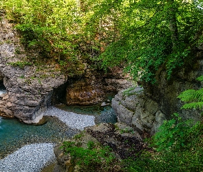 Aragonia, Skały, Hiszpania, Drzewa, Rzeka, Park Narodowy Ordesa y Monte Perdido, Bellos River, Kanion de Anisclo