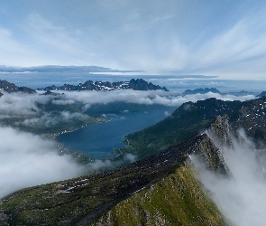 Niebo, Mgła, Lofoty, Norwegia, Góra, Jezioro