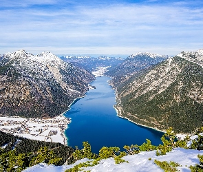 Austria, Achental, Dolina, Tyrol, Jezioro, Góry, Achensee, Krzewy, Zima, Drzewa