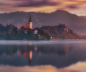 Jezioro Bled, Słowenia, Góry, Odbicie, Kościół Zwiastowania Marii Panny