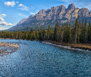 Kanada, Park Narodowy Banff, Rzeka, Chmury, Bow River, Lasy, Góry, Canadian Rockies, Drzewa