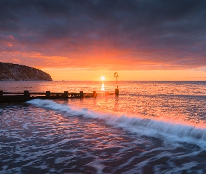 Morze, Wybrzeże, Wschód słońca, Pomost, Dorset, Fala, Anglia, Swanage