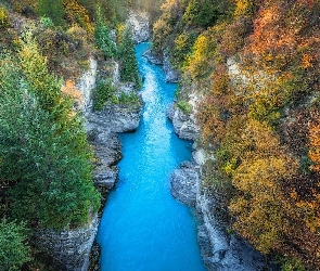 Queenstown, Skały, Nowa Zelandia, Shotover River, Jesień, Rzeka, Drzewa, Wąwóz