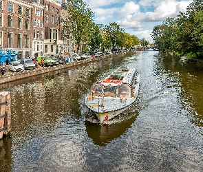 Kanał, Motorówka, Amsterdam, Holandia