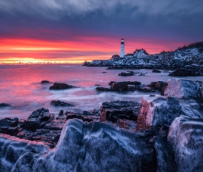 Latarnia morska, Zachód słońca, Morze, Kamienie, Maine, Portland Head Light, Stany Zjednoczone, Cape Elizabeth