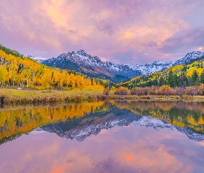 Jezioro, Drzewa, Góry Skaliste, Odbicie, Kolorado, Maroon Lake, Stany Zjednoczone, Jesień