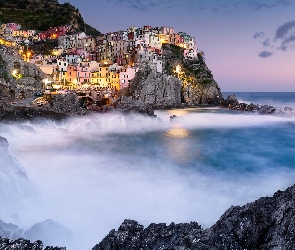 Domy, Manarola, Morze Liguryjskie, Włochy, Skały, Region Liguria
