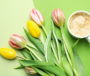 Kawa, Filiżanka, Tulipany, Kwiaty, Żółte, Różowe