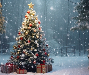 Boże Narodzenie, Grafika, Prezenty, Choinka, Zima