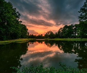 Park, Stan Nowy Jork, Chmury, Stany Zjednoczone, Odbicie, Zachód słońca, Jezioro, Palmer Pond, Drzewa